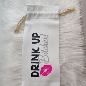 Wine Bag Drink Up Bitches Drawstring Bottle Bag - White with Pink Lip